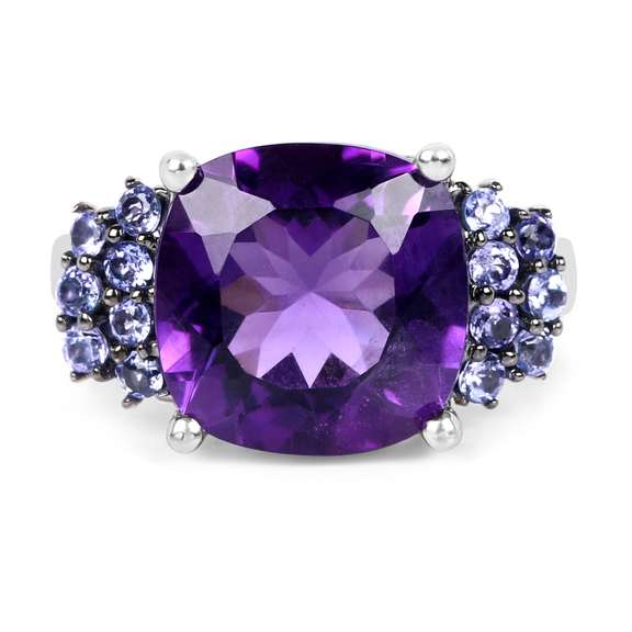 Plated Rhodium 5.85ct Amethyst and Tanzanite Ring
