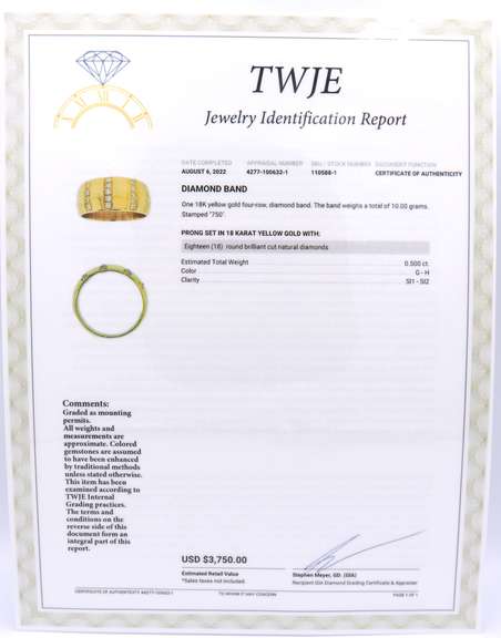 Modern and Sleek 18kt Yellow Gold 4 Row Diamond Striped Wide Band