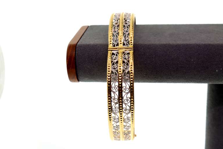 Meticulously Carved 22k White Gold and Yellow Gold Bangle Bracelet
