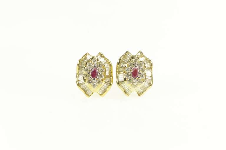 14K Yellow Gold 2.10 Ctw Ruby Diamond Ballerina Halo Stud Earrings