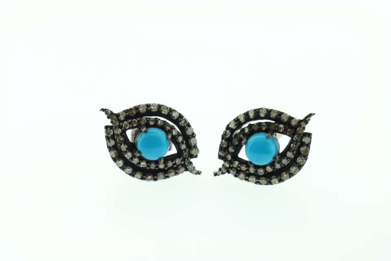 Emmaculate Dark Silver Earrings with Diamond Accents and Turquoise Colored Gemstone Center
