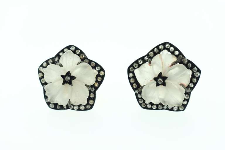 Floral White Jadeite Dark Silver Earrings with Diamond Accents