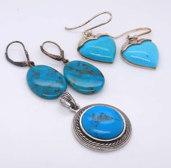 Lot of Vintage 925 Sterling Silver Turquoise Dangle Earrings and Turquoise Pendant