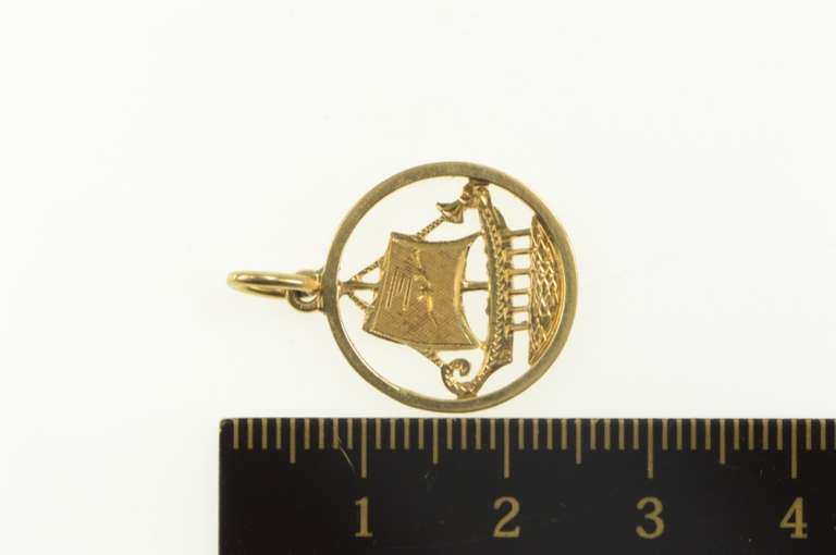 18K Yellow Gold Etched Viking Long Boat Round Retro Charm/Pendant