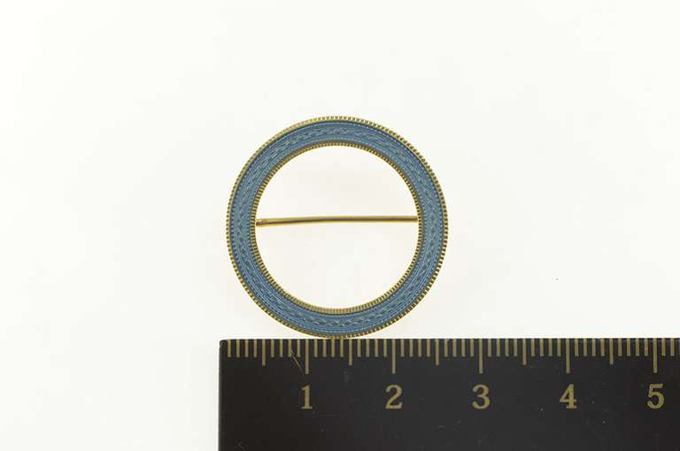 14K Yellow Gold Art Deco Light Blue Enamel Circle Round Pin/Brooch