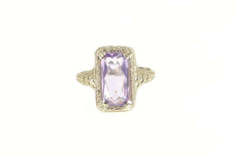 14K White Gold Art Deco Emerald Cut Amethyst Filigree Ring