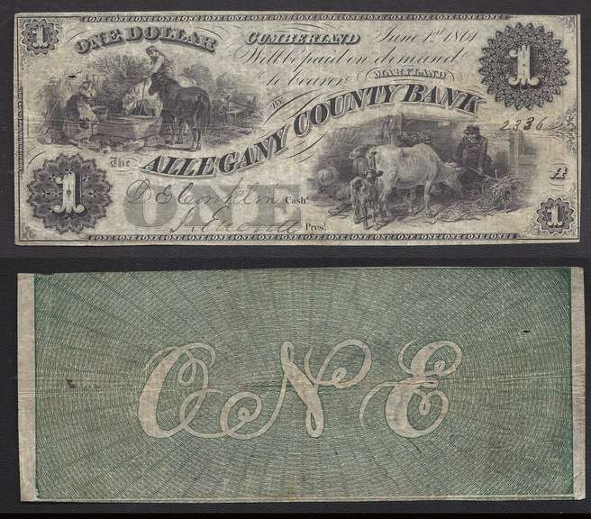 $1 1861 Allegany County Bank,Cumberland, Maryland Obsolete