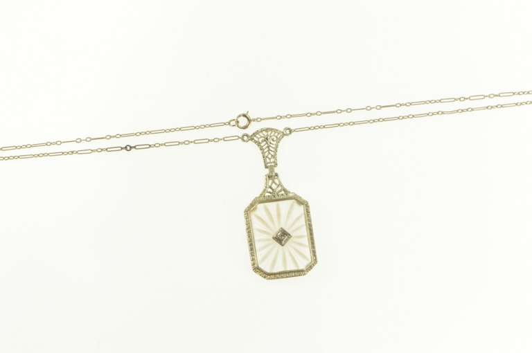 14K White Gold Art Deco Camphor Glass Filigree Diamond Necklace