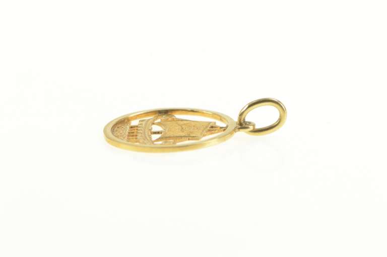 18K Yellow Gold Etched Viking Long Boat Round Retro Charm/Pendant