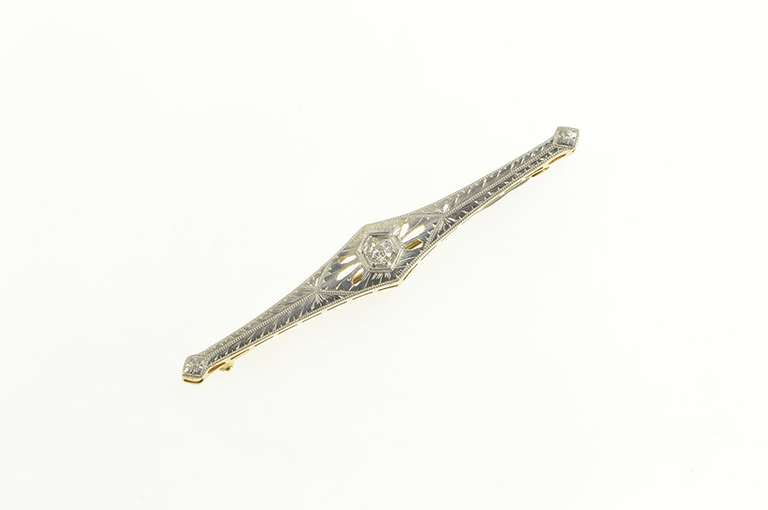 14K Yellow Gold Diamond Two Tone Art Deco Ornate Bar Pin/Brooch