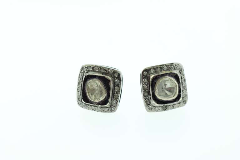 Elegant Mine Cut Diamond Dark Silver Earrings with Diamond Accents