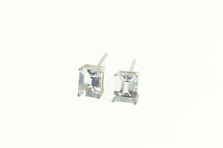 14K White Gold Emerald Cut Aquamarine Solitaire Stud Earrings