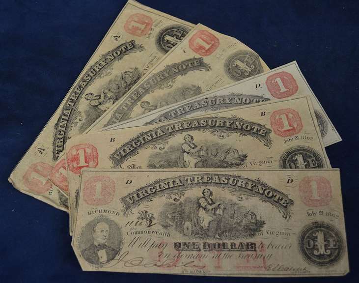 Lot Of 5 1862 Virginia Treasury Notes From A Civil War Era Hoard, Circulated.