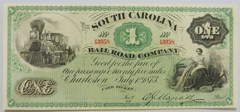 Superb Crisp 1873 $1 South Carolina Railroad Company!