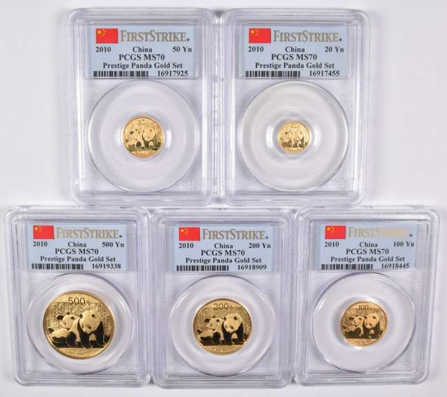 (5) MS70 2010 China 20-500 Yuan 1/20-1 Oz Gold Prestige Panda Set PCGS