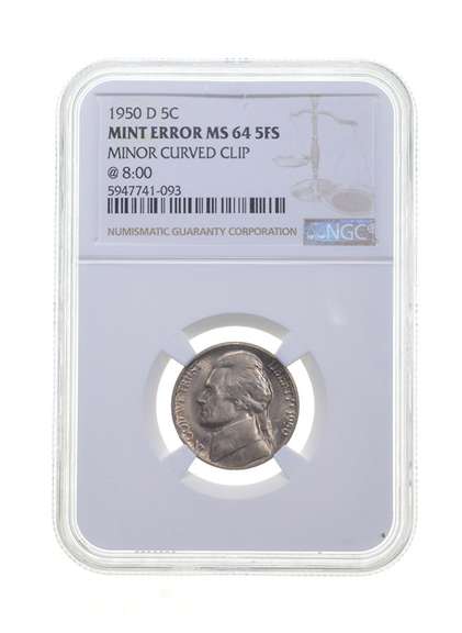 MS64 ERROR 1950-D Jefferson Nickel - 5 FS Minor Curved Clip @8:00 NGC