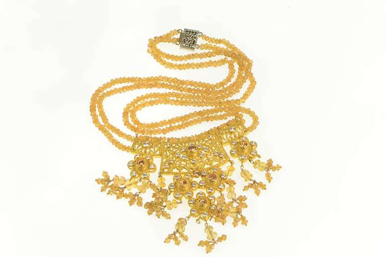 22K Yellow Gold Floral Beaded Fringe Elaborate Filigree Necklace