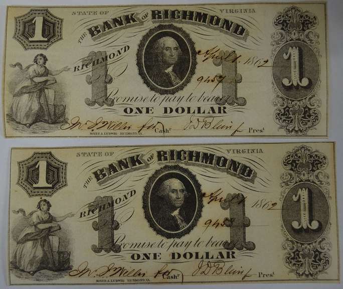 April 1st 1862 Bank Of Richmond One Dollar RARE Lot Of 2 Consecutive Serial Numbers, Uncirculated.
