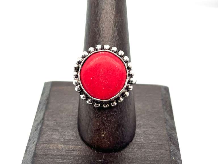 Petite Circular Red Coral Tibetan Silver Beaded Design Ring