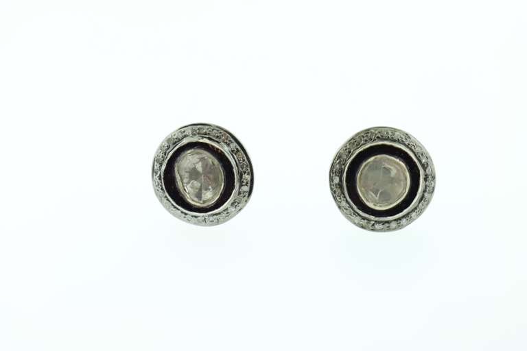 Round Mine Cut Dark Silver Earrings with Diamond Accents