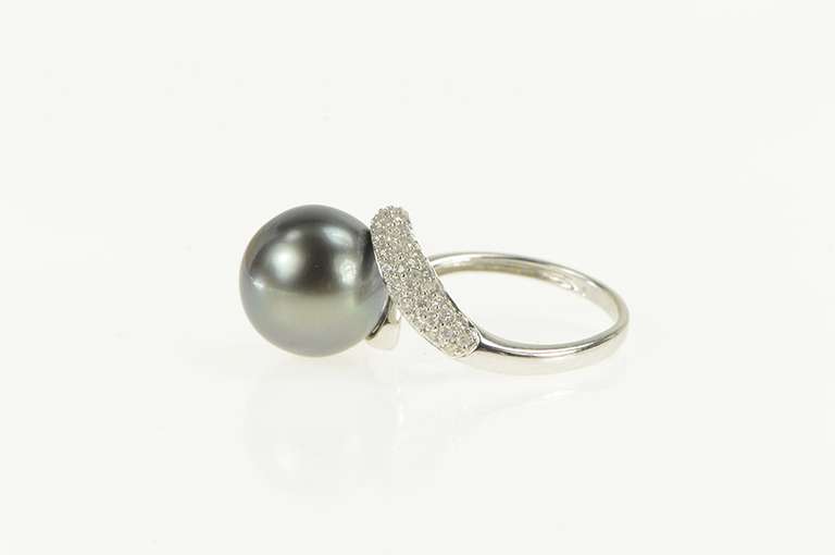 14K White Gold Pave Diamond Tahitian Pearl Bypass Statement Ring