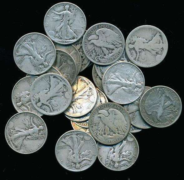 25 Assorted mixed date Walking Liberty Half Dollars