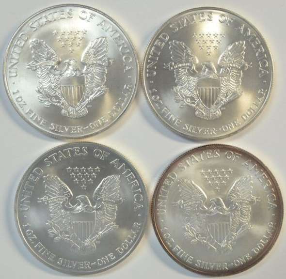 4 Diff. Superb Gem BU $1 Silver Eagle coins 2000 to 2004