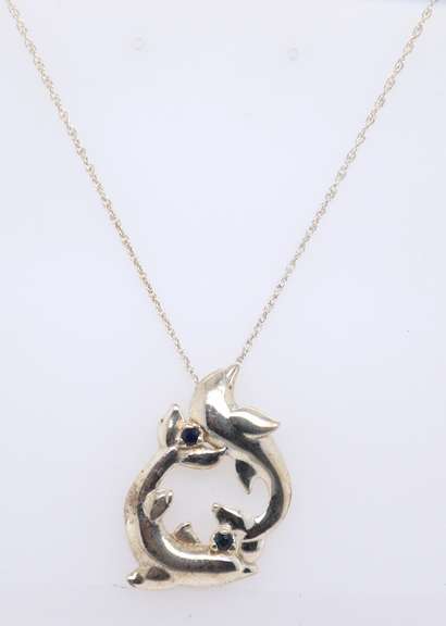 Vintage Sterling Silver Double Dolphin Pendant on Chain