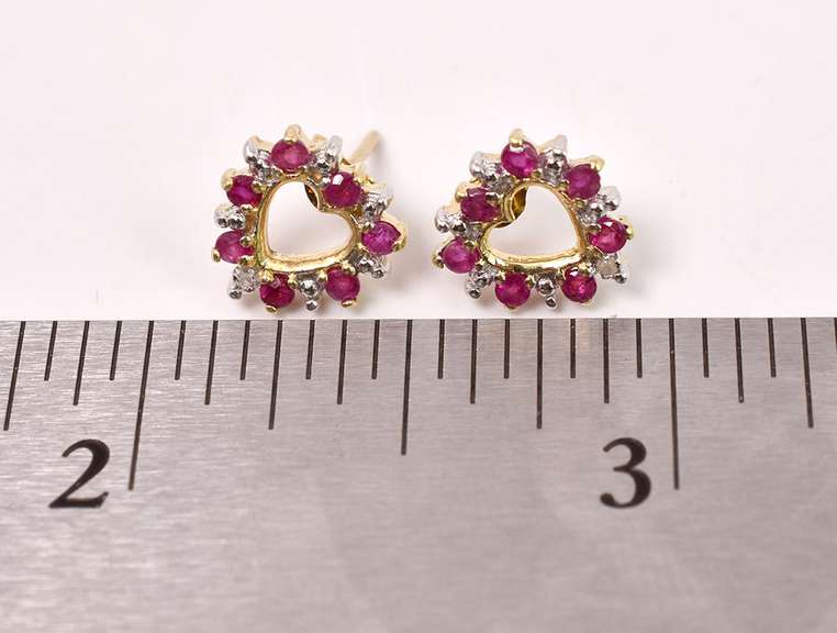 Darling Ruby and Diamond Heart Earrings in Yellow Gold