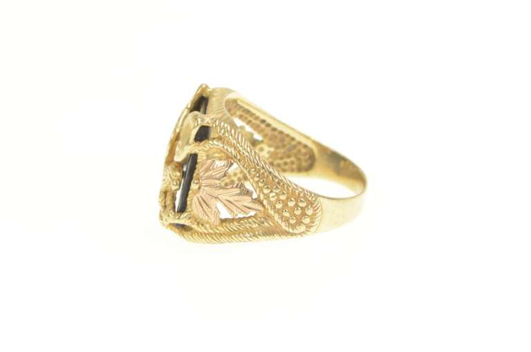 10K Yellow Gold Black Onyx Black Hills Leaf Eagle Men's Ring