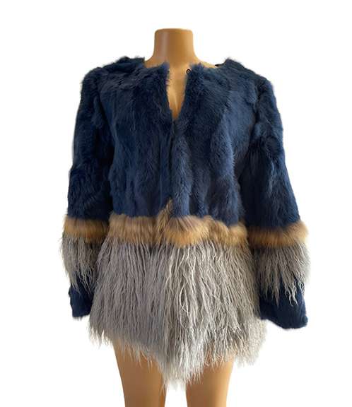 Gorgeous Fur Rabbit and Raccoon Coat Jacket in Blue, Light Brown and Gray Tones, Size L