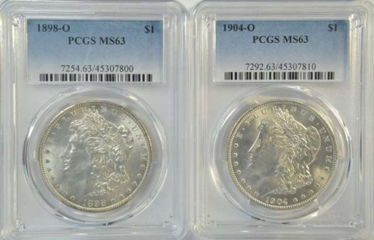 Blazing-white Choice BU 1898-O & 1904-O Morgan Dollars. PCGS MS63