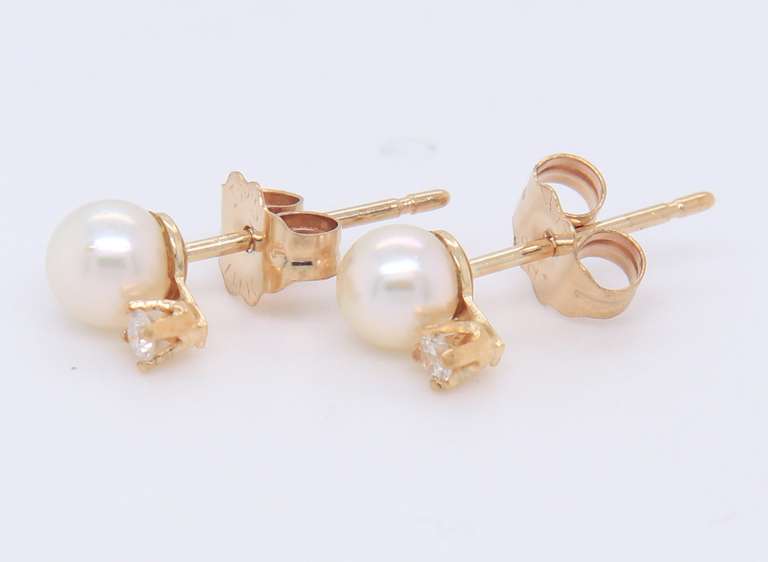Elegant White Fresh Water Pearl and Diamond Stud Earrings