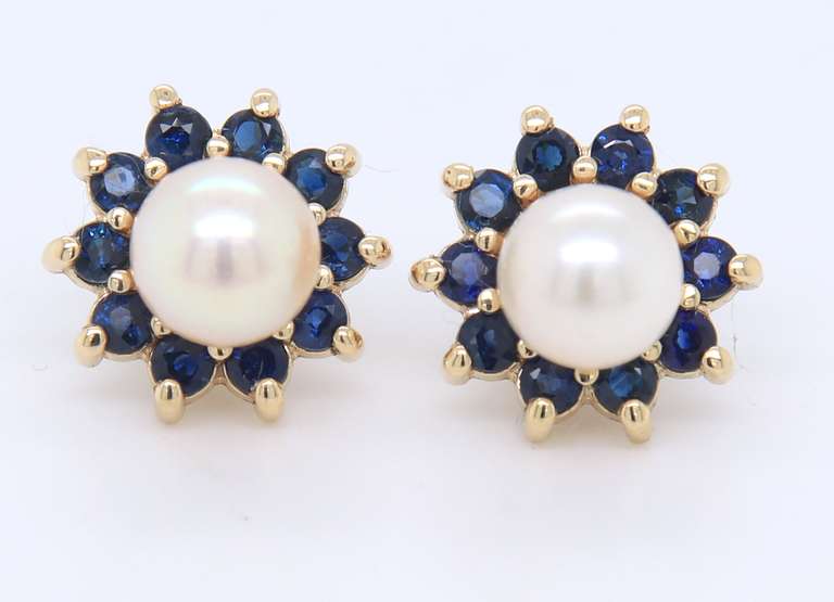 Elegant Yellow Gold Pearl Studs with Sapphire Earring Jackets