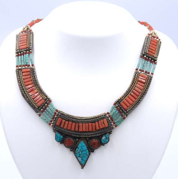 Vintage Sterling Silver Turquoise and Coral Necklace