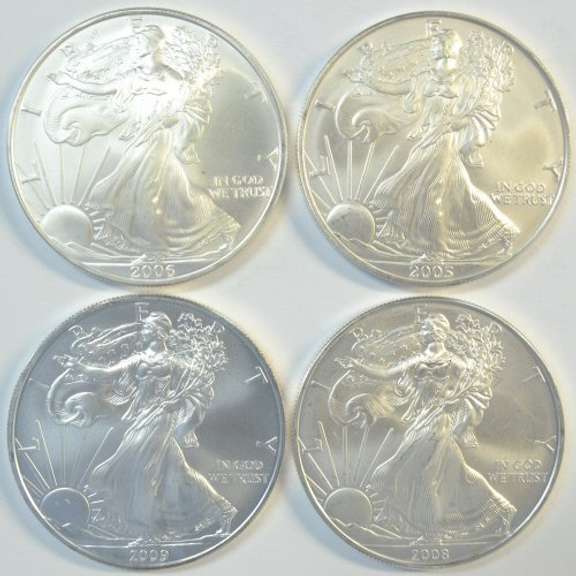 4 Diff. Superb Gem BU $1 Silver Eagle coins 2005 to 2009