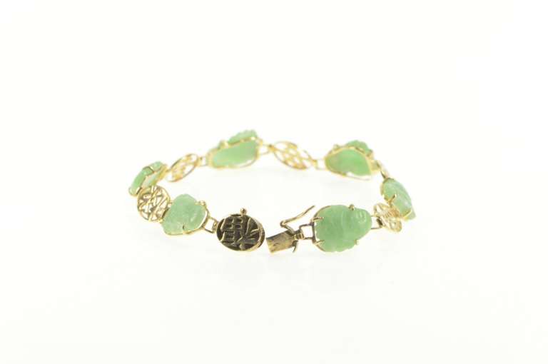 14K Yellow Gold Carved Jade Buddha Chinese Character Ornate Bracelet