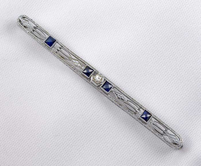 Vintage WG Sapphire & Diamond Bar Brooch