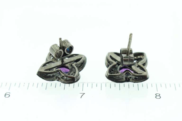 Gorgeous Dark Silver Amethyst Core Floral Earrings with Diamond Accents