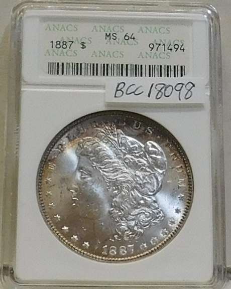 1887 Morgan Dol ANACS MS-64 almost GEM, toning