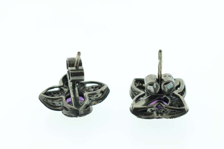 Gorgeous Dark Silver Amethyst Core Floral Earrings with Diamond Accents