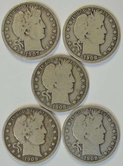 5 Assorted sharp 'O' Mint Barber Half Dollars 1907 to 1909