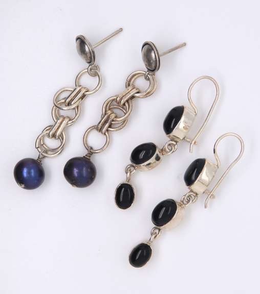 Lot of 2 Vintage 925 Sterling Silver Black Onyx and Pearl Dangle Earrings