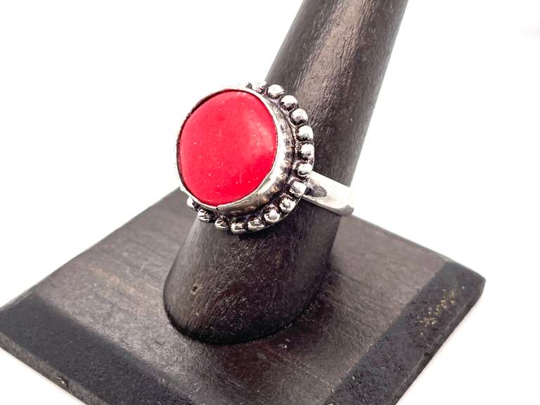 Petite Circular Red Coral Tibetan Silver Beaded Design Ring