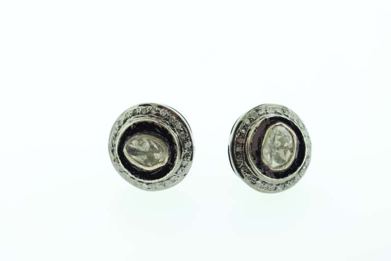 Round Mine Cut Dark Silver Earrings with Diamond Accents