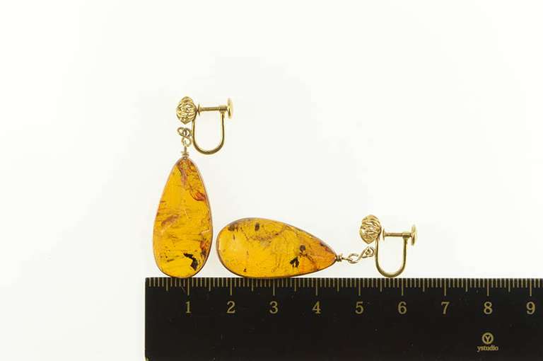 14K Yellow Gold Retro Faceted Amber Dangle Screw Back Earrings