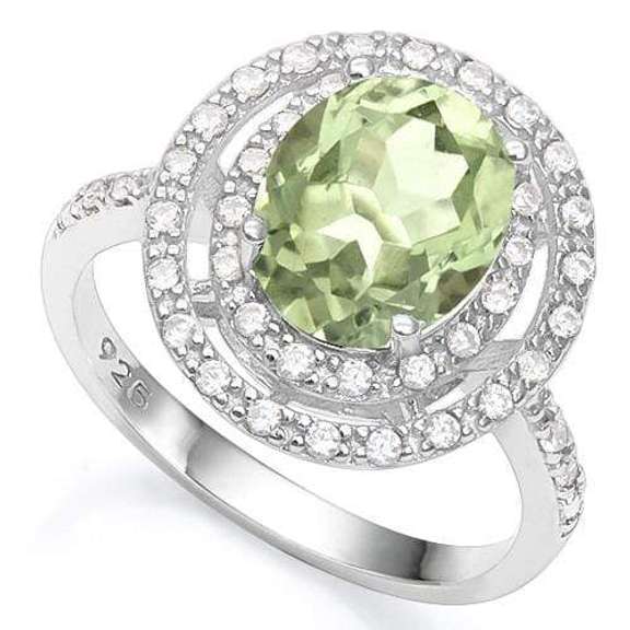 3 1/5 CT GREEN AMETHYST & 1/5 CT CREATED WHITE SAPPHIRE 925 STERLING SILVER RING
