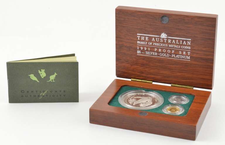 1991 $5 Australia Pf Set 1 Oz Silver, 1/20 Oz Gold, 1/20 Oz Platinum