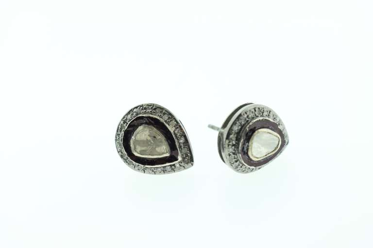 Melancholy Teardrop Silver Earrings with Mine Cut Diamond Core and Diamond Accents
