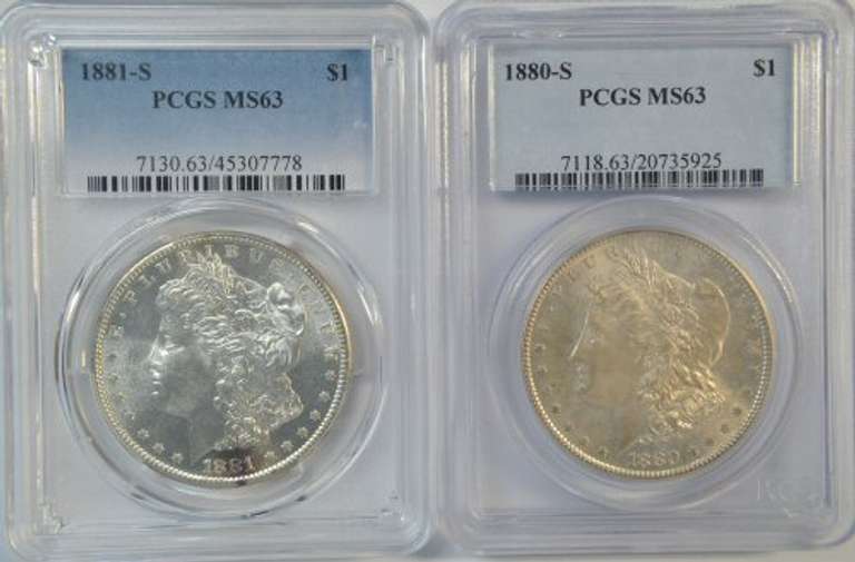 Very Choice BU 1880-S & 1881-S Morgan Silver Dollars. PCGS MS63